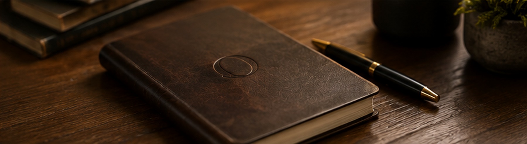 A leather journal and pen on a wooden desk