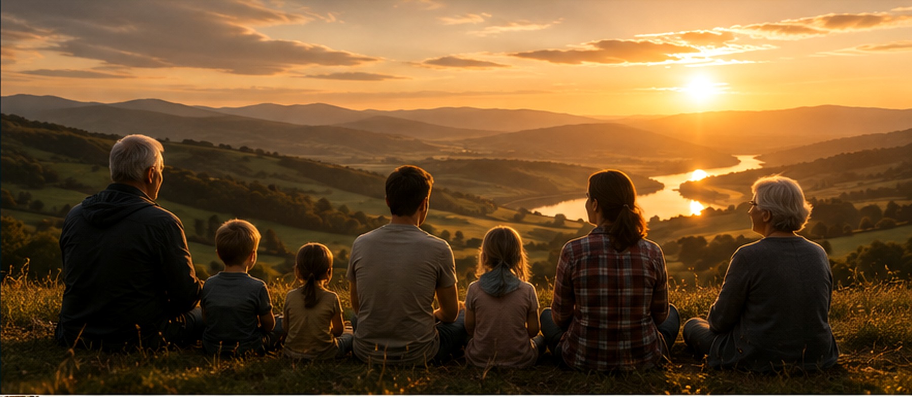 Several generations together overlooking a landscape at sunset